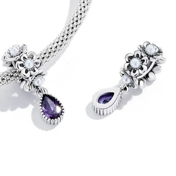 Sterling Silver Purple Crystal Teardrop and Pearls Dangle - Picture 1 of 5